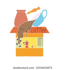 Coffee kiosk shop. Street coffee shop. Kiosk with takeaway coffee. Small business. Hand Drawn. Freehand drawing. Doodle. Sketch. Outline.