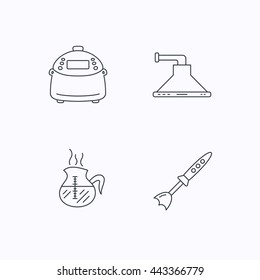 Coffee, kitchen hood and blender icons. Multicooker linear sign. Flat linear icons on white background. Vector
