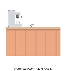 The coffee kitchen table has a coffee machine and 2 coffee cups. Flat style vector illustration.