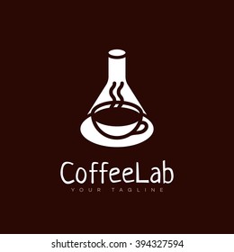 Coffee lab logo template design with cup of coffee and flask. Vector illustration.