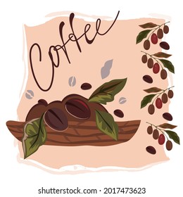 Coffee label background with branches of coffee tree in basket and decorative floral elements, flat vector illustration isolated on white background. Cafe menu or packaging design.  