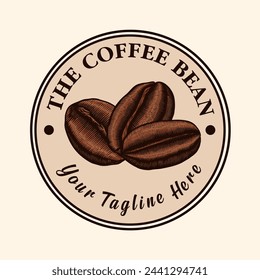 Coffee label. Circular coffee bean logo. Coffee bean vintage illustration in engraving style for cafe and coffee shop