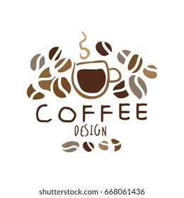 Coffee label design, hand drawn vector Illustration in brown colors, logo template