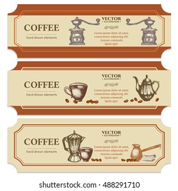 Coffee label design templates ink, coffee elements hand drawn design retro vintage banner vector 