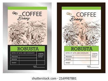 Coffee Label. Food Package Label Mockup With Minimalistic Grid Layout. Organic Arabica Espresso Sticker With Place For Text. Caffeine Roasted Beans Packaging. Vector Vintage Brand Tag Set