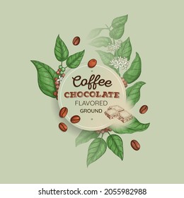 Kaffeesiegel-Illustration für Design-Verpackungen. Kaffeemaschine mit handgezogenen Kaffeebohnen, Kaffeepflanze Arabinica. Design-Layout-Illustration für Vektorverpackungen. Banner mit Zeichnung.