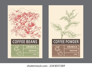 coffee label of ink sketch drawing for packaging, poster, banner, branding, brochure, cover, sticker, art print, background, advertising, menu, vintage. arabica robusta coffee picker mountain 