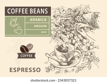 etiqueta de café del dibujo de boceto de tinta para embalaje, afiche, pancarta, marca, folleto, cubierta, pegatina, impresión de arte, fondo, publicidad, menú, vintage. montaña arabica robusta de selección de café 