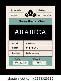 Coffee label mockup. Food package cover design. Caffeine roasted beans packaging. Vintage pack label emblem with minimalistic graphic grid layout. Vector brand tag