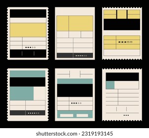 Coffee label mockup set. Food package cover designs. Caffeine roasted beans packaging. Vintage pack labels emblem with minimalistic graphic grid layout. Vector brand tags