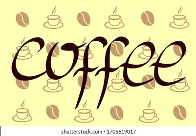 etiqueta de café sobre un fondo con tazas y granos