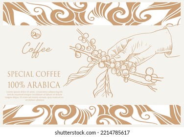 envasado de etiquetas de café o promoción digital de banner de tinta de dibujo y patrón orgánico. pancarta de café de estilo vintage e impresión de arte en madera.