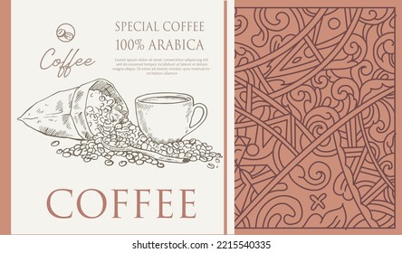 coffee label packaging of drawing cup and bean for banner promotion digital