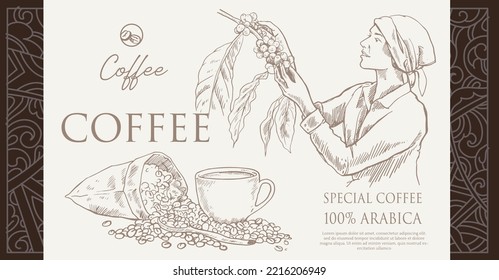 coffee label packaging of drawing vintage for design banner advertising digital. label sticker coffee. coffee poster of red bean.