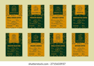 Conjunto de etiqueta de café. Plantillas de paquetes de alimentos con un diseño de cuadrícula minimalista. Arábica orgánica con texto. Embalaje de granos tostados con cafeína. Ilustraciones de marca vintage de Vector