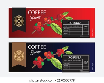 Kaffeeaufkleber. Verpacken Sie Kaffee mit einer Illustration. Aufkleber für Kaffee zum Beutel. Horisonalvektordesign