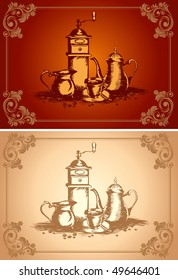 etiqueta de café con una vida fija en el estilo gráfico antiguo