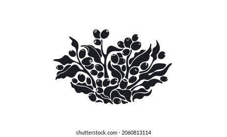 Coffee label. Vector tree, beans, shape of berry. Black graphic round sticker on white background. Traditional aroma espresso