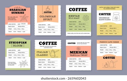 Coffee labels collection featuring global roasts and flavor profiles