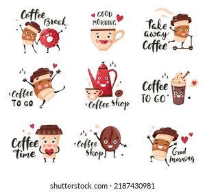 Coffee labels with cute cups, mugs and hot beverage. Hand drawn vector illustration with typography elements.