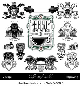 Coffee labels and elements from different part of world. Isolated black on white