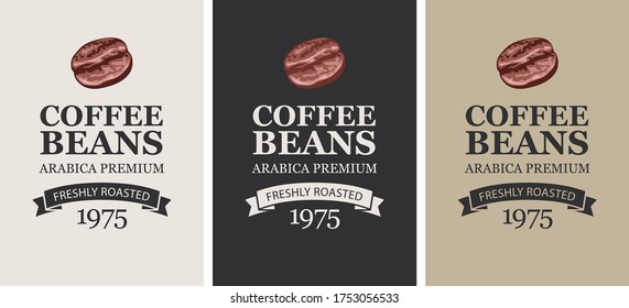 Coffee labels in retro style. Set of three vector labels for freshly roasted coffee beans with coffee beans