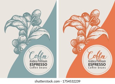 Coffee labels in retro style. Set of two vector labels for coffee beans with hand-drawn coffee twigs, coffee beans and the inscriptions Arabica premium, Espresso