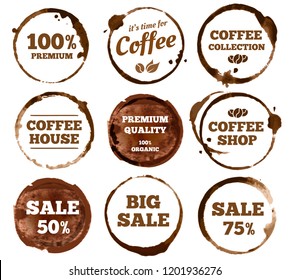 Coffee labels. Watercolor dirty espresso cup ring stain logo. Cups logos stain splash texture with calligraphy. Vector stained insignia restaurant vintage isolated symbol illustration