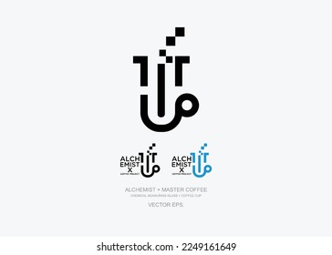 coffee laboratory lab cup logo, with pixel icon designs vector illustration