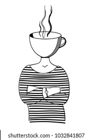 Coffee lady. Vector illustration on the theme of cold season. Girl with a mug instead of a head. Metaphor of love to coffee, tea.