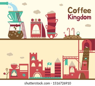 Coffee land or kingdom. Flat icons : cup, cookie, castle, candy, coffee bean.