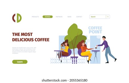 Coffee landing page. Breakfast rest time with hot morning drinks garish vector beverage persons flat illustrations