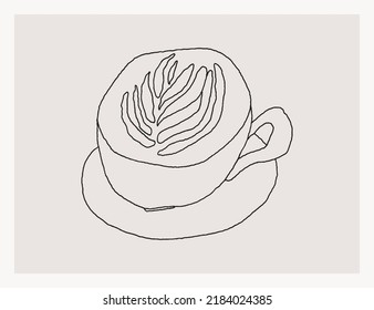 Coffee with latte art freehand line illustration. Doodle cappuccino cup. 