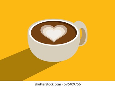 Coffee latte art heart pattern with long shadow, illustration vector 