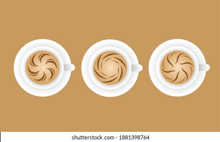 coffee latte art illustration set top view. different round shapes on the white cup. brown background. vector