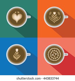 Coffee Latte Art pattern set, Tulip, layered hearts, following hearts with long shadow on colorful background 