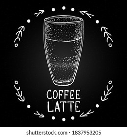 Coffee latte. Beverages on blackboard chalk illustration. Vector white chalk hand drawn mug and beverage with decor. Winter drinks for menu
