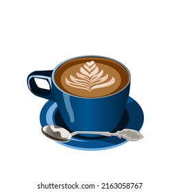 Coffee latte in blue ceramic cup.Put it in a saucer and a spoon is placed on the side.Latte art in the shape of leaves and hearts.Isolated vector illustration on a white background.