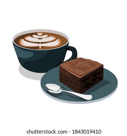 Coffee latte in a blue cup with a spoon and brownies on the side.Vector illustration isolated on white background.