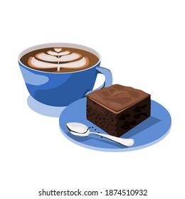 Coffee latte in a blue cup. There was a brownie on the side.A spoon placed next to the cup.Vector illustration isolated on white background.

