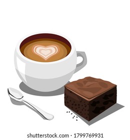 Coffee Latte and Brownie Cake has a spoon placed on the side.Heart shaped milk foam.Vector illustration isolated on white background.Can be used for logo, icon, restaurant menu, packaging, and graphic