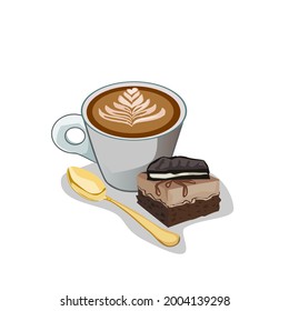 Coffee Latte and Brownie Cake has a spoon placed on the side.Heart shaped milk foam.Vector illustration isolated on white background.Can be used for logo, icon, restaurant menu, packaging, and graphic