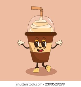 Coffee, latte, cappuccino, frappuccino. Groovy coffee shop character in retro style. Breakfast. Vector vintage illustration. Nostalgia for the 70s, 80s, 90s. Trendy retro psychedelic style.