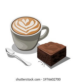 Coffee latte in a ceramic cup with brownies and a spoon placed on the side.Vector illustration isolated on white background.