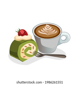 Coffee Latte in Ceramic Cup and Green Tea Roll Cake.There was a strawberry on the cake and a spoon was placed on the side.Isolated vector illustration on a white background.