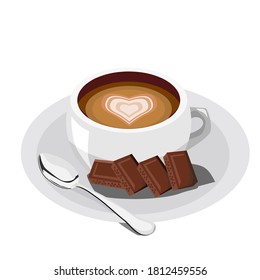 Coffee Latte and Chocolate bar has a spoon placed on the side.Realistic black coffee cup with foam and dark brown chocolate pieces.Vector illustration isolated on white background.