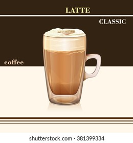 Coffee latte classic. Vector. Glass cup.