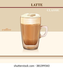 Coffee latte classic. Vector. Glass cup.