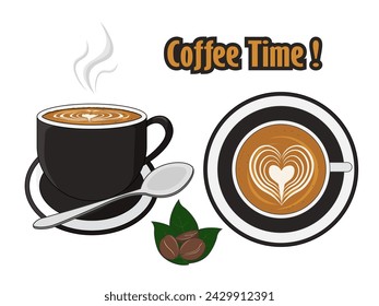Coffee latte cup and beans illustration cartoon in flat design