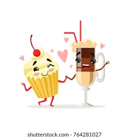 Coffee latte and cupcake with cherry on top. Cute food and drink characters in love. Cartoon vector illustration in flat style
